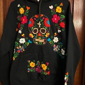 Custom Handmade Embroidered Day of the Dead Mexican Design Black Hoodie Sz Large
